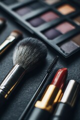 Luxury Makeup Set with Brushes Lipsticks and Eyeshadow Palette on Black Surface