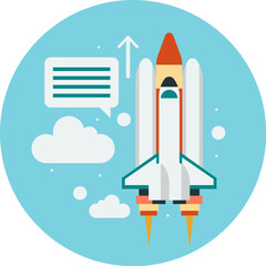 Space shuttle launching, with upward progress and communication.