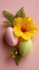 Tropical Spa Composition with Pink and Green Bath Bombs and Yellow Hibiscus