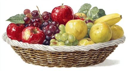 A watercolor painting depicts a woven basket overflowing with an assortment of ripe, colorful fruits