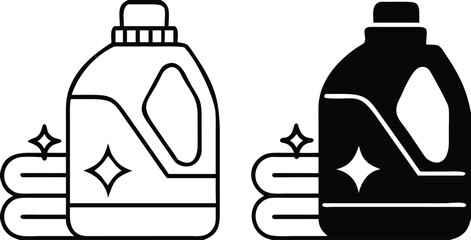 Detergent Icons. Black and White Vector Illustrations. Washing Powder and Towels. Plastic Container for Household Chemicals. Grocery Concept
