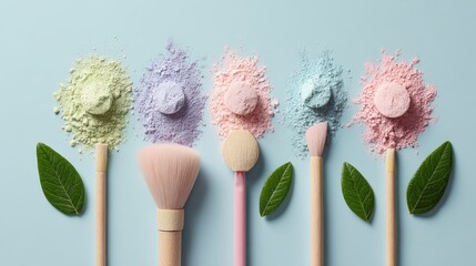 Pastel Makeup Brushes with Colorful Powder and Green Leaves on Blue Background