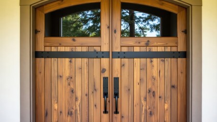 Wooden double doors with black metal accents.