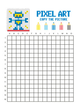 Copy the picture grid drawing worksheet for kids. Pixel art robot