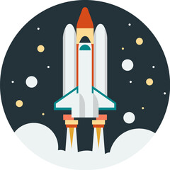 Illustration of a space shuttle launching into space with stars and clouds against a dark blue circular background.