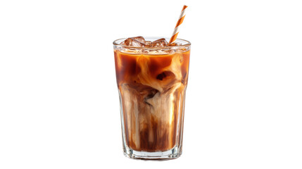 Delicious iced coffee in a clear glass with ice and a straw on a white isolated background.