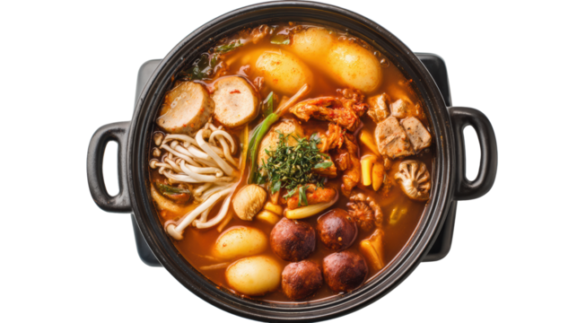 Delicious hot pot with assorted ingredients, vibrant colors on a white isolate background.