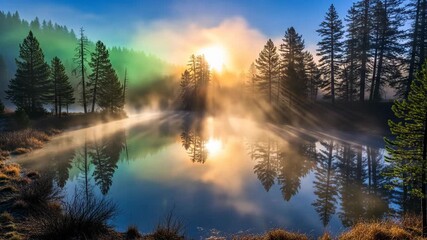 Serene morning mist rising from a tranquil lake reflecting the golden sunrise through pine trees in a vibrant forest - Powered by Adobe