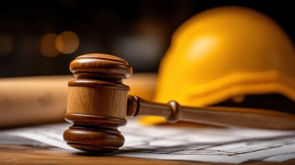 A judge's gavel rests on construction plans near a yellow hard hat, symbolizing legal and safety issues in construction