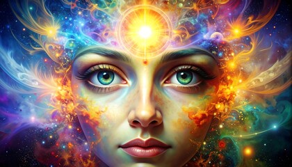 Ethereal face with a glowing third eye, conveying spiritual enlightenment and cosmic consciousness.