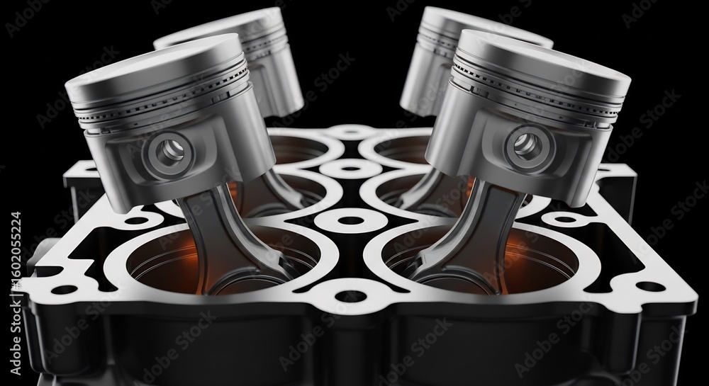 Poster engine pistons and block assembly showing internal mechanics