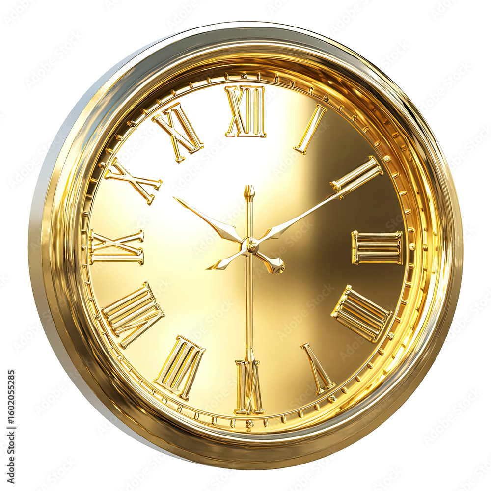 Poster elegant golden clock with roman numerals on transparent background