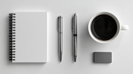 Minimalist Workspace with Notebook Coffee Pens and Eraser on White Background