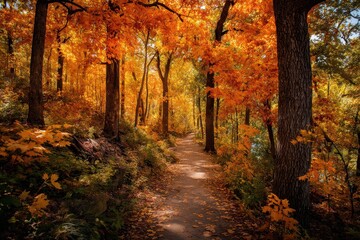 Obraz premium Trail in the woods showcasing vibrant autumn hues