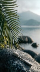 Spa Brush on Rock by Tropical Beach with Palm Leaf and Mountain View