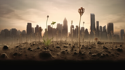 Futuristic city rises from planted seeds in surreal time-lapse scene blending nature, growth, and urban life.