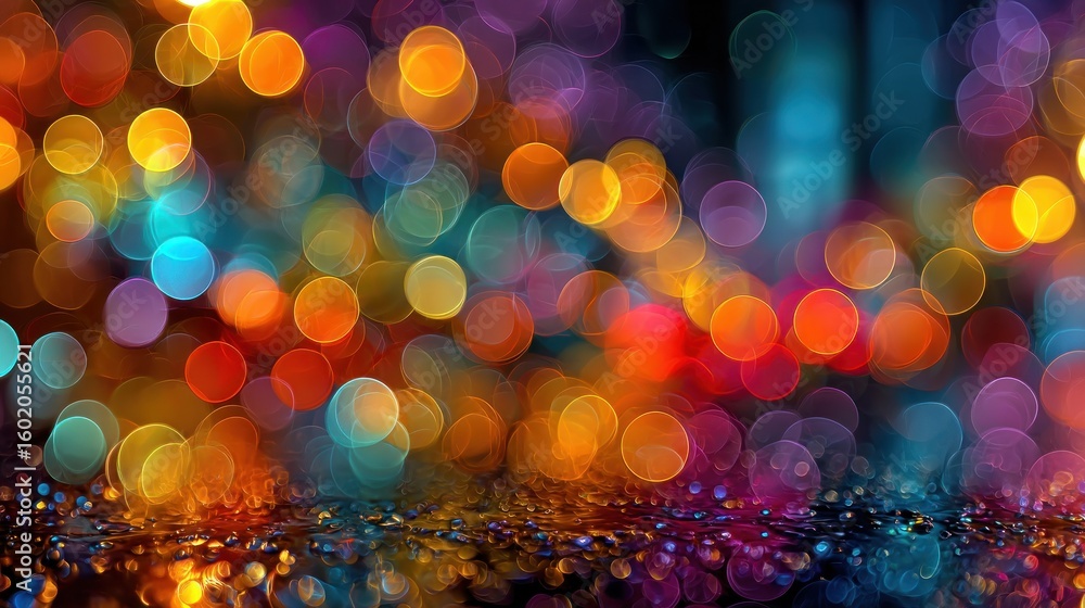 Poster abstract colorful bokeh lights reflection on wet surface