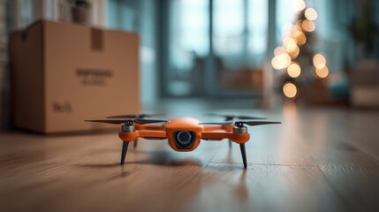 Orange Camera Drone on Wooden Floor Indoors with Soft Bokeh Background Lights