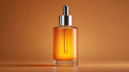 Amber Glass Serum Dropper Bottle with Silver Cap on Warm Orange Background