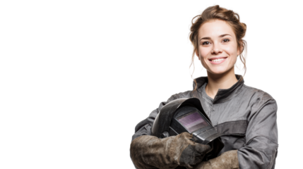 Female welder posing confidently with helmet, isolated on white background.