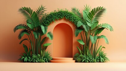 Tropical Archway with Lush Green Plants Against Warm Terracotta Wall Background