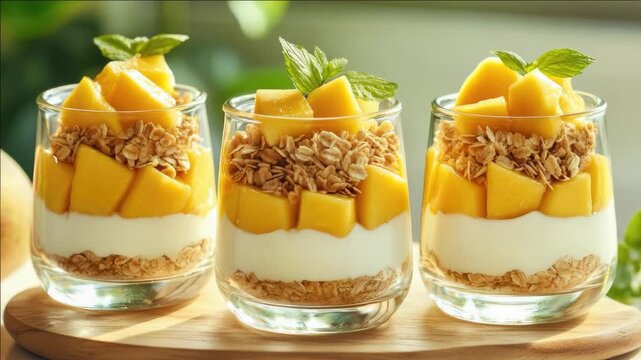 Three glass bowls containing a serving of whole grain cereal with fresh mango slices and yogurt on top, arranged in a row.