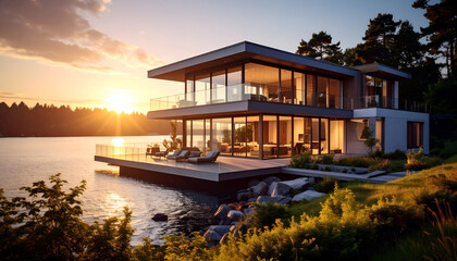 Fototapeta premium Modern lake house sunset view.