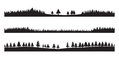Black silhouette forest landscape with varied tree shapes trees white