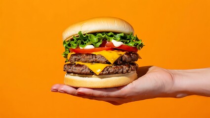 Hand Holding a Delicious Double Cheeseburger with Fresh Lettuce and Tomato Against a Vibrant Orange Background