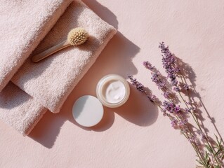 Spa Skincare Flatlay with Cream Jar Towels Brush and Lavender on Pink Background