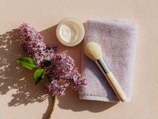 Skincare Flatlay with Cream Jar Lilac Flowers Brush and Towel on Beige Background