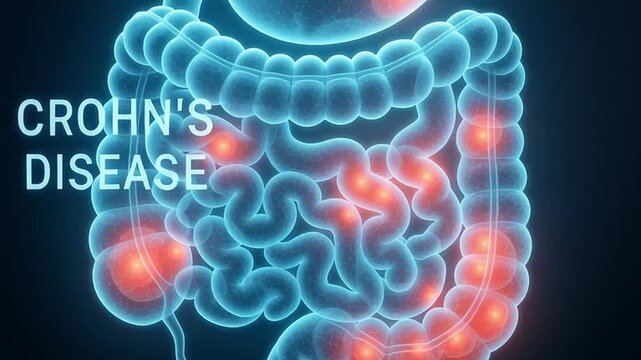 Crohn disease medical healthcare hologram highlights inflamed digestive tract with glowing red spots showing affected intestines and stomach inflammation for digestive tract health awareness