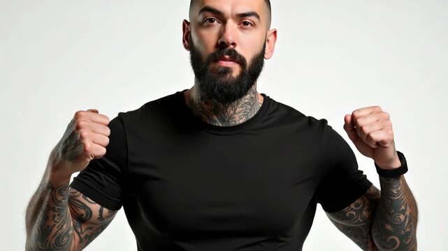 Brutal attractive bearded biker man with tattooed hands poses in black blank t-shirt from premium thin cotton, isolated on white mockup.
