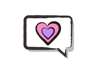 筆で描いた、吹き出しアイコン「ハート（（お気に入り、推し、好きなもの、愛）」, A heart-shaped speech bubble icon drawn with a brush (favorite, favorite, favorite thing, love)