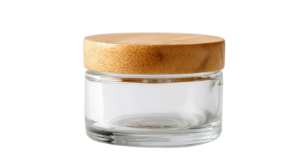 Glass jar with a bamboo lid, perfect for storage or decoration, white isolate background.