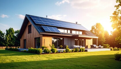 Fototapeta premium Solar-Powered Modern Farmhouse: Sunset Serenity