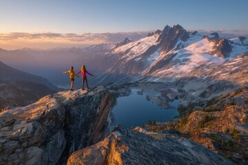 Hikers Standing on Mountain Cliff Overlooking Snowy Peaks and Lake at Sunset