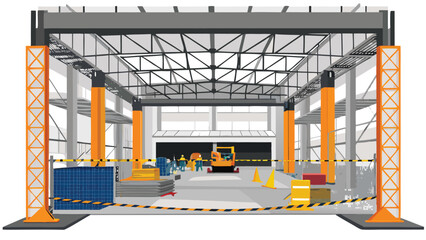 Illustration of a construction site with workers, machinery, and safety barriers inside a warehouse