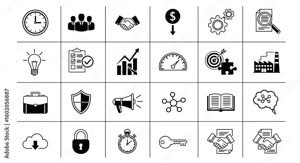 Poster a comprehensive collection of business and productivity icons for professional use in presentations 