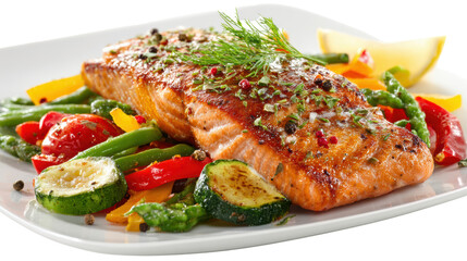 Grilled salmon steak with vegetables on a plate, garnished with herbs.