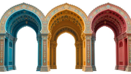 Colorful arches architecture design background islamic art oriental style building structure ornate doors isolated on tranparent background