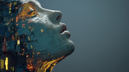 Futuristic Cybernetic Face Merging with Digital City Lights in Dark Sci Fi Atmosphere