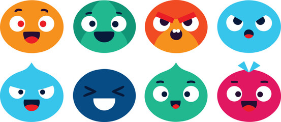Vector art of a vibrant collection of cartoonish emoji faces with diverse expressions isolated on transparent background.