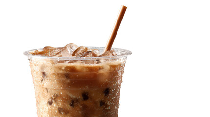 Refreshing iced coffee in a clear cup with ice cubes and a straw on a white isolated background.