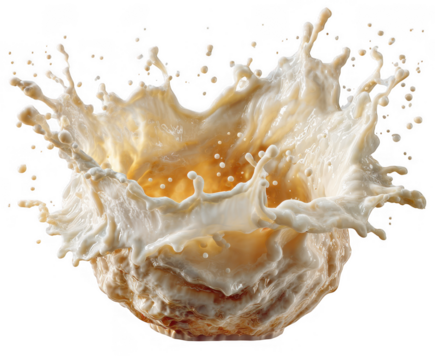 Dynamic splash of creamy liquid and orange segments isolated on transparent background