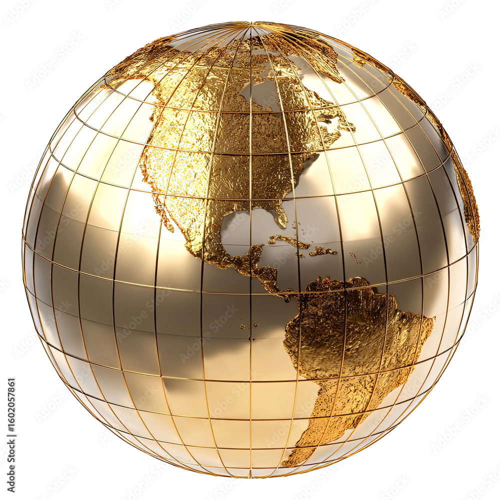 Poster golden globe with latitude and longitude lines on transparent background
