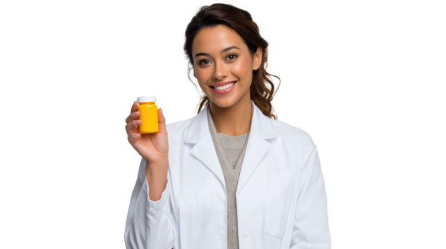 Smiling pharmacist holding a yellow prescription bottle on a white background.
