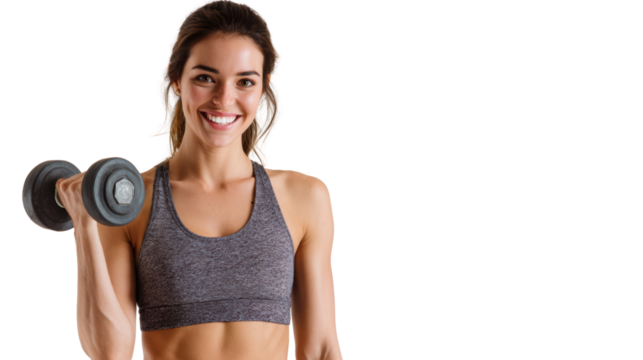 Smiling woman holding a dumbbell, fitness enthusiast showcasing strength and health in workout attire.