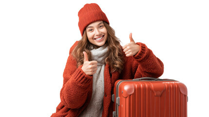 Smiling woman in winter attire giving thumbs up beside a suitcase, isolated on white background.