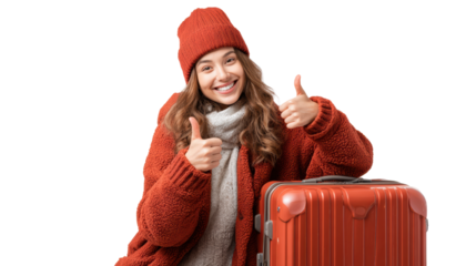 Smiling woman in winter attire giving thumbs up beside a suitcase, isolated on white background.